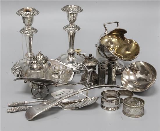 A small collection of plated items, including a Victorian wheelbarrow cruet set
